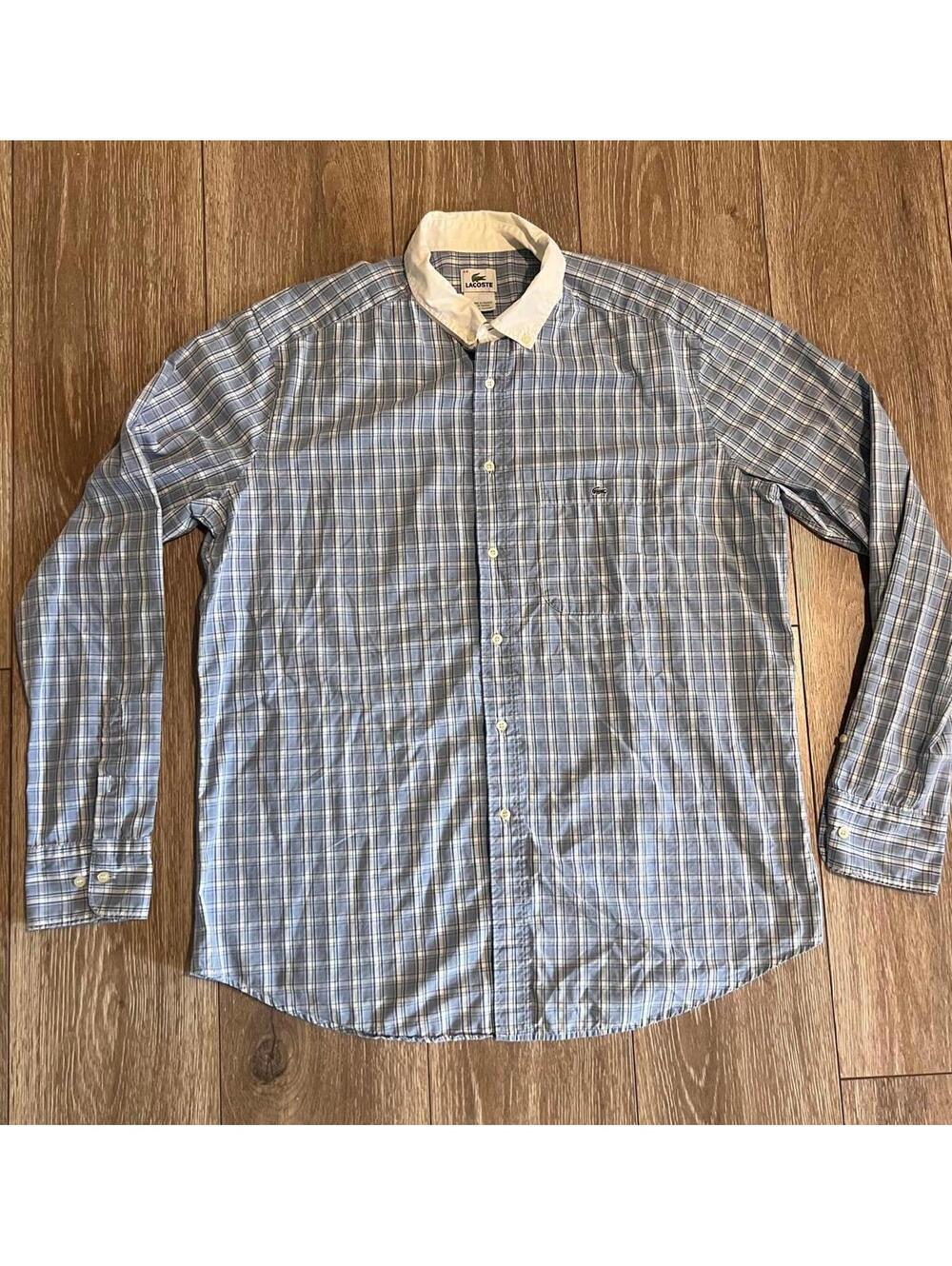 Lacoste Men's Blue Plaid Button-Up Shirt with White Collar, XL (Euro 44)